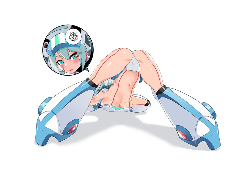 1girl ass blue_eyes blue_hair blush boots breasts facial_mark from_behind ico_(megaman_x_dive) jack-o'_challenge large_breasts light_blue_hair mega_man_(series) mega_man_x_(series) mega_man_x_dive navel popo_(popo0cat) robot_girl solo swimsuit thighs underboob white_footwear