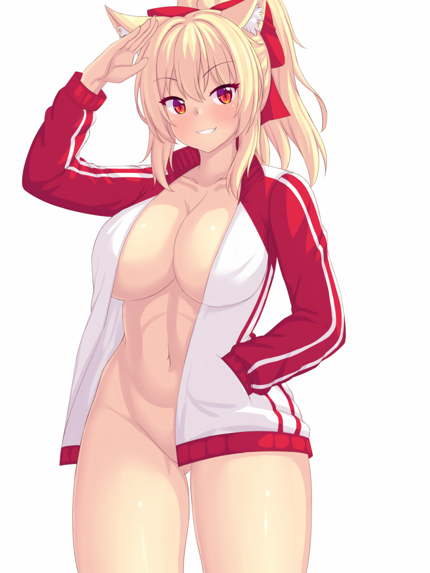 1girl animal_ear_fluff animal_ears arm_up ass_visible_through_thighs blonde_hair blush breasts cat_ears cat_girl cleavage collarbone commentary cowboy_shot english_commentary hair_ornament hand_in_pocket highres jacket large_breasts long_hair long_sleeves looking_at_viewer navel nottytiffy open_clothes open_jacket original parted_lips ponytail red_eyes simple_background smile solo thighs tiffy_(nottytiffy)