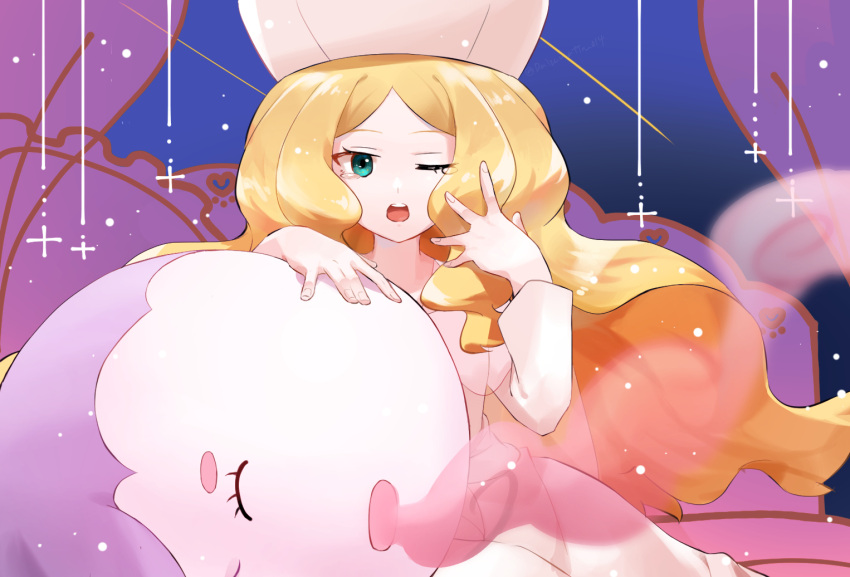 1girl bed blonde_hair blue_eyes blush_stickers caitlin_(pokemon) closed_eyes colored_skin long_hair long_sleeves musharna one_eye_closed open_mouth pink_skin pokemon pokemon_bw tarazumo_(daizunattou014) very_long_hair yawning