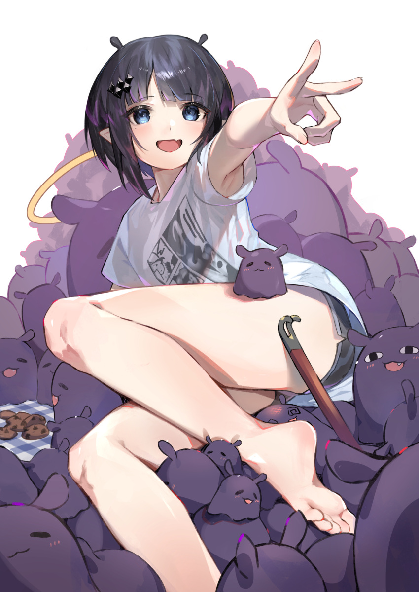 1girl absurdres armpits bare_legs barefoot black_hair black_shorts blue_eyes blunt_bangs bob_cut commentary_request cookie crowbar extra_ears eyelashes fang feet food foot_out_of_frame foreshortening hair_ornament highres hololive hololive_english kouhiipan leaning_back legs medium_hair multicolored_hair ninomae_ina'nis ninomae_ina'nis_(5th_costume) official_alternate_costume open_mouth outstretched_arm parted_bangs purple_hair shirt short_hair short_shorts short_sleeves shorts sitting skin_fang smile soles solo streaked_hair t-shirt takodachi_(ninomae_ina'nis) thighs toes virtual_youtuber white_background white_shirt