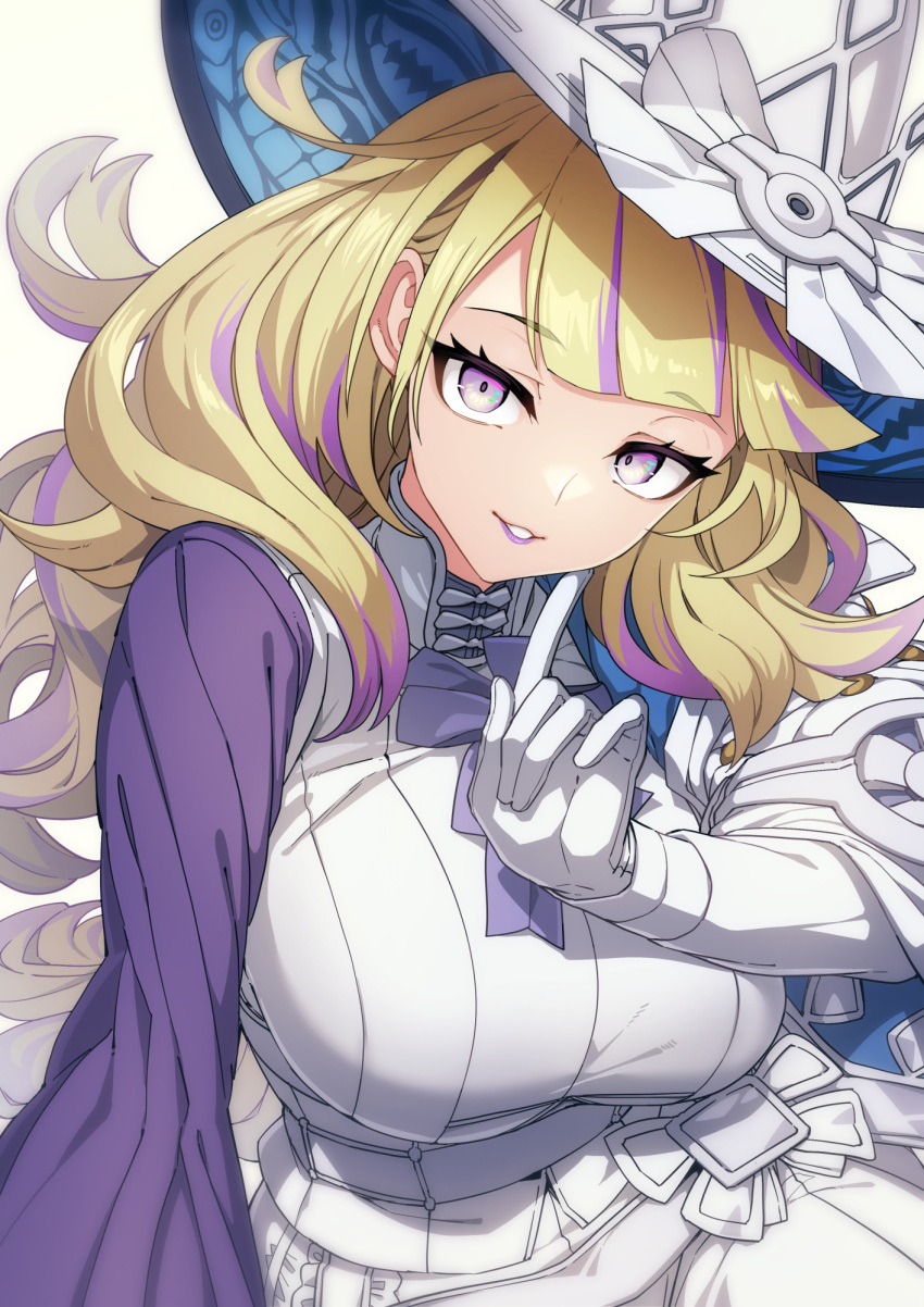 1girl blonde_hair breasts diabellze_of_the_original_sin dress duel_monster eye_of_horus gloves hat highres large_breasts lipstick long_hair makeup multicolored_hair open_mouth purple_hair smile solo streaked_hair tsukinami_kousuke white_headwear witch_hat yu-gi-oh!