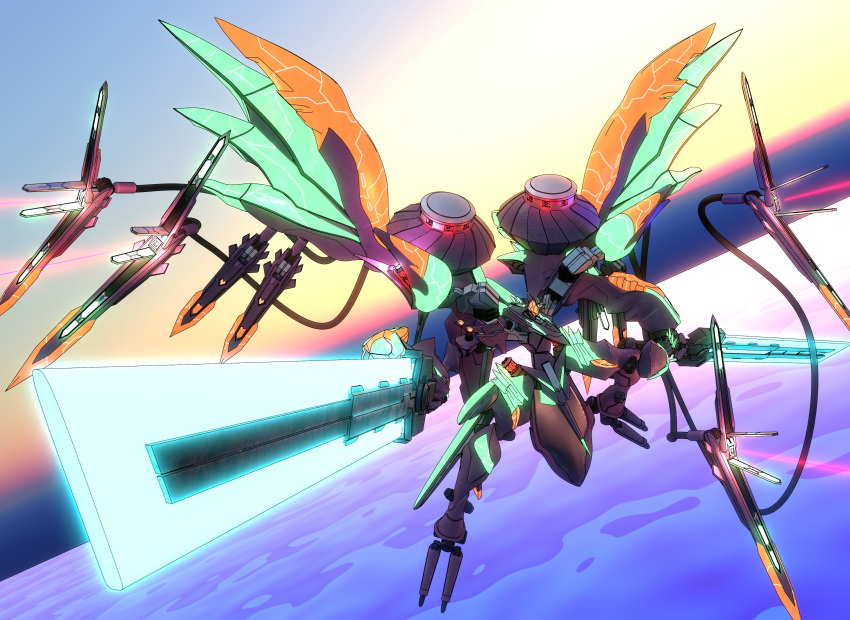 absurdres assault_visor claws cloud crystal floating flying glowing highres horns mark_nicht mecha mechanical_tentacles no_humans robot science_fiction solo soukyuu_no_fafner sunrise weapon wings zuzaku_(otuzaka)