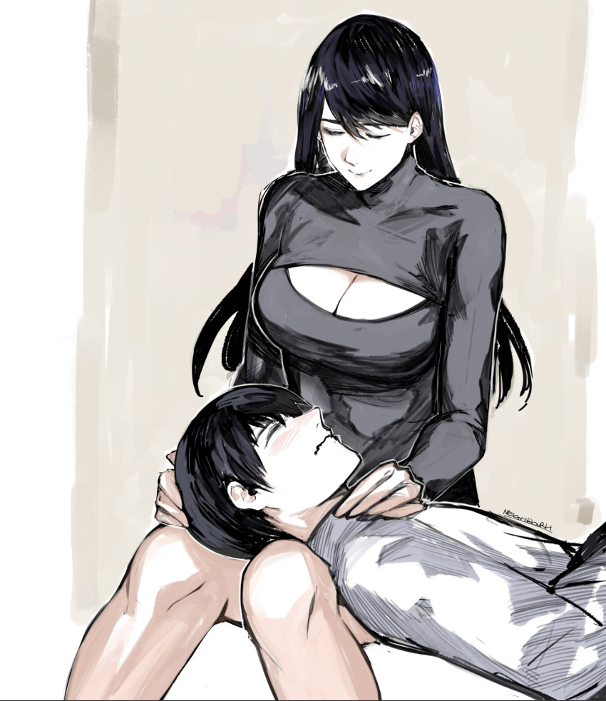 artist_name bangs black_hair black_sweater blush breasts brown_background cleavage closed_eyes covered_collarbone feet_out_of_frame grey_shirt highres invisible_chair kamishiro_rize kaneki_ken long_hair long_sleeves lying on_back on_lap shiny_hair shirt short_hair sitting smile sweater tokyo_ghoul wavy_mouth white_background yourfreakyneighbourh