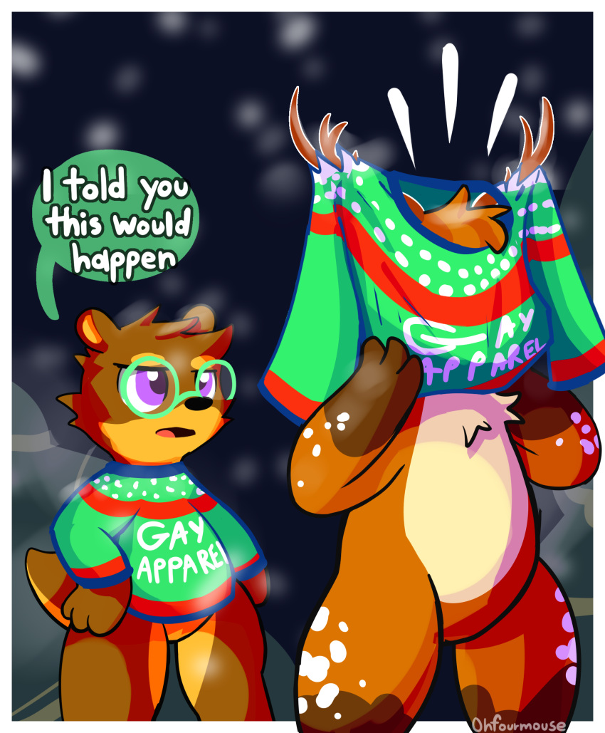 antlers christmas christmas_clothing christmas_sweater christmas_topwear clothing deer eyewear glasses hi_res holidays horn mammal mustelid ohfourmouse otter snow sweater text topwear