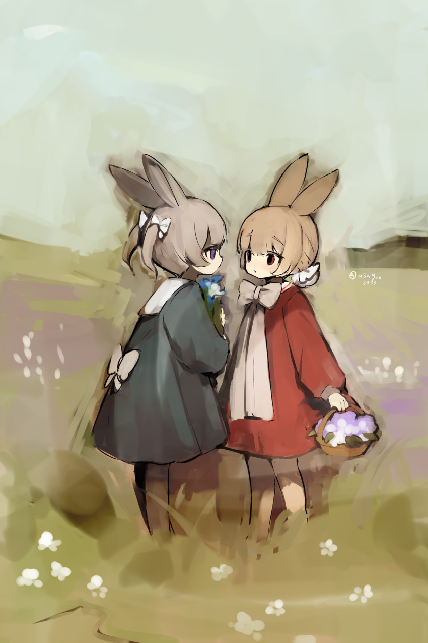 2girls :o absurdres animal_ears basket blue_eyes bow bowtie brown_hair commentary_request dress field flower full_body grey_sky highres holding holding_basket holding_flower looking_at_another multiple_girls original outdoors partial_commentary purple_flower rabbit_ears rabbit_girl red_dress red_eyes shirokujira short_hair signature sky two_side_up white_bow white_bowtie