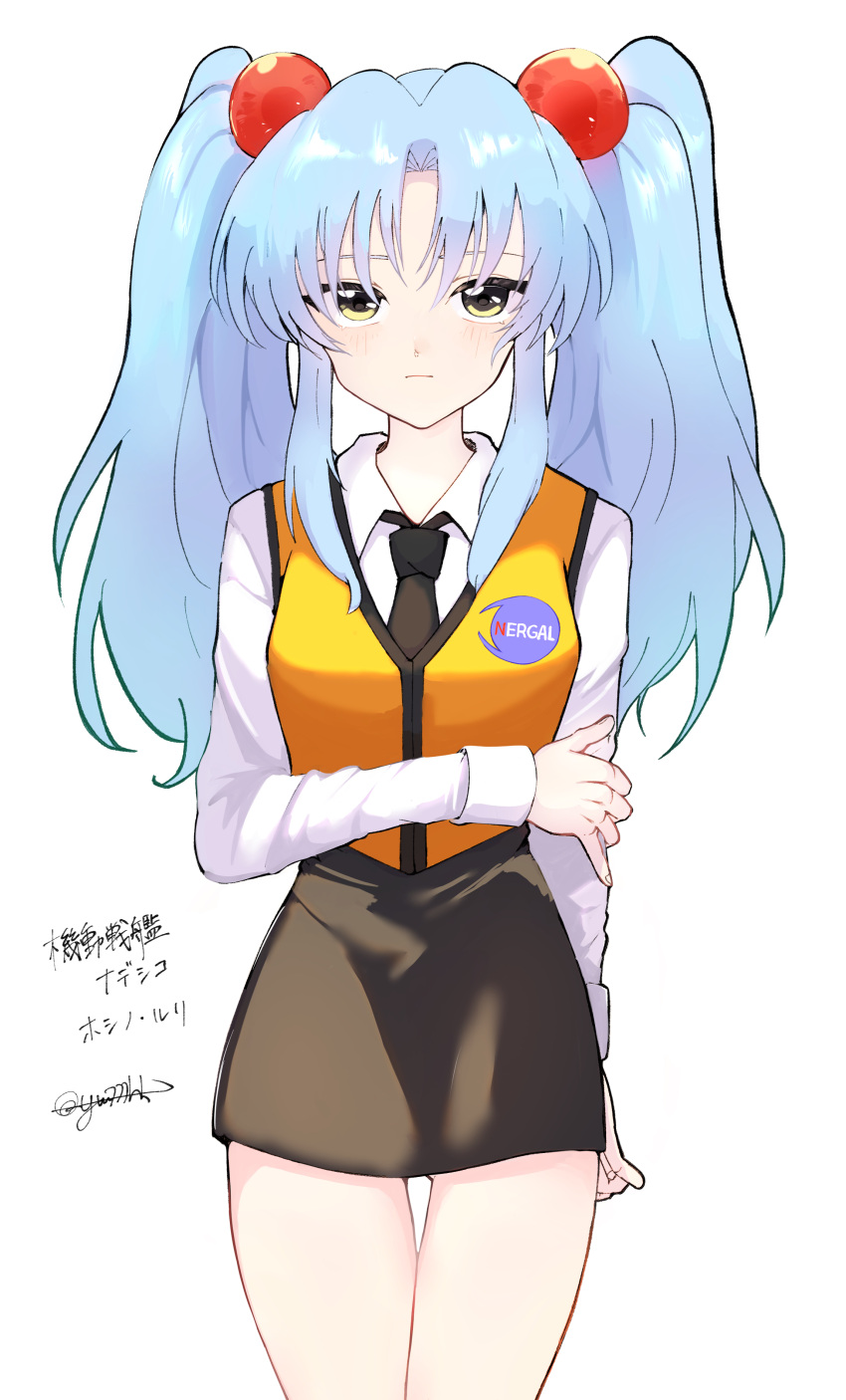 1girl absurdres arm_behind_back black_necktie black_skirt blue_hair character_name closed_mouth collared_shirt commentary_request copyright_name ha01ru28 hair_intakes hand_on_own_arm highres hoshino_ruri kidou_senkan_nadesico light_blue_hair long_hair long_sleeves miniskirt necktie shirt sidelocks simple_background skirt solo standing straight-on thigh_gap twintails vest white_background white_shirt yellow_eyes yellow_vest