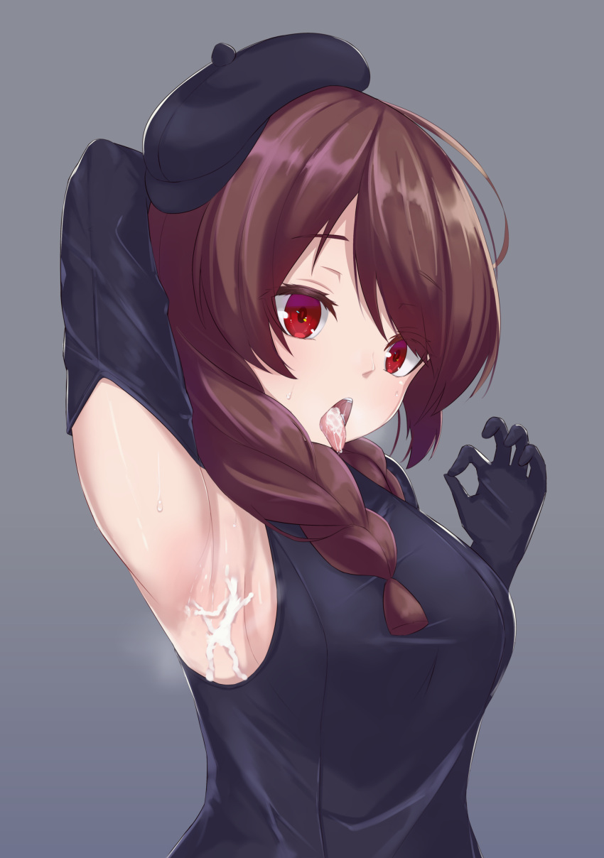 absurdres armpits azur_lane beret black_gloves brown_hair cum cum_in_mouth cum_on_armpits cum_on_body gloves gradient_background grey_background hat highres looking_at_viewer noe_(ppppriver) red_eyes tagme tongue tongue_out z2_georg_thiele_(azur_lane) z2_georg_thiele_(high-rise_high-style)_(azur_lane)