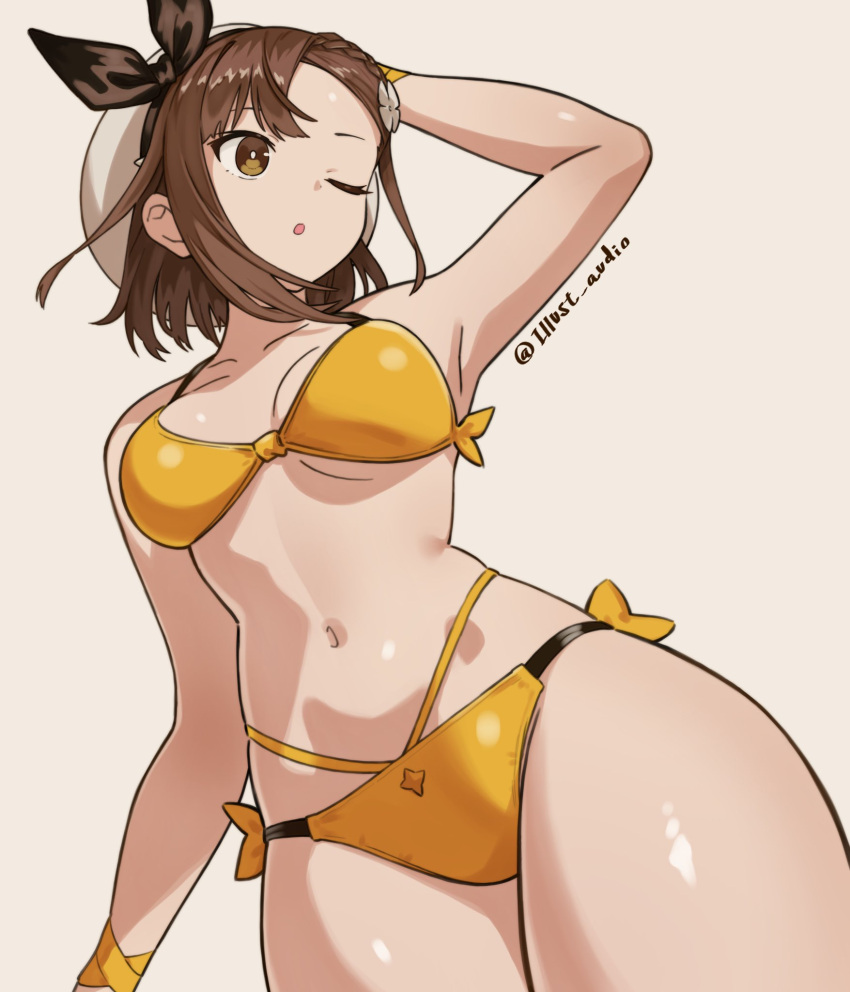 1girl :o arms_up atelier_(series) atelier_ryza atelier_ryza_2 bikini bow breasts brown_eyes brown_hair commentary_request hair_bow hat highres illust_audio looking_to_the_side medium_breasts navel one_eye_closed reisalin_stout short_hair solo swimsuit yellow_bikini