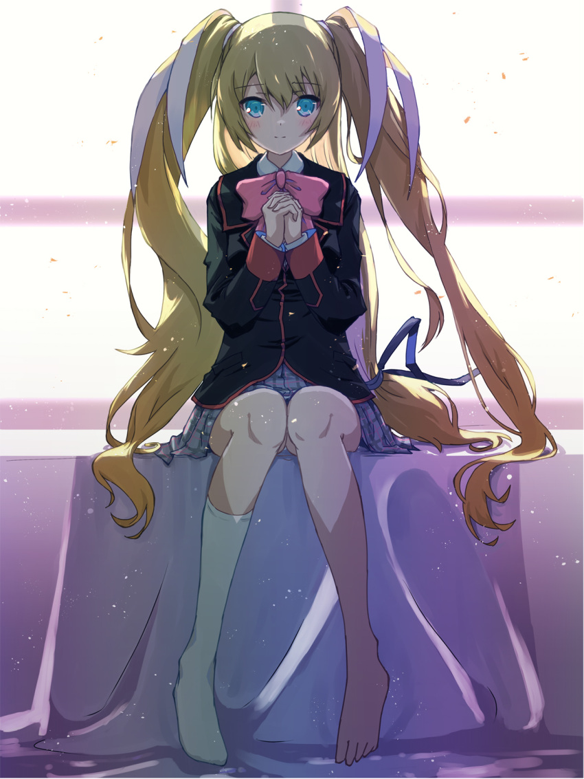 1girl akayama_yukihe aqua_eyes backlighting black_jacket blazer blonde_hair blush bow closed_mouth commentary full_body grey_skirt hair_between_eyes hair_ribbon hands_up highres indoors interlocked_fingers jacket kneehighs light_smile little_busters! little_busters!_school_uniform long_hair long_sleeves looking_at_viewer miniskirt no_shoes own_hands_together pink_bow plaid plaid_skirt praying ribbon school_uniform sidelocks single_sock skirt socks solo split_mouth straight-on tokido_saya two_side_up very_long_hair white_ribbon white_socks window