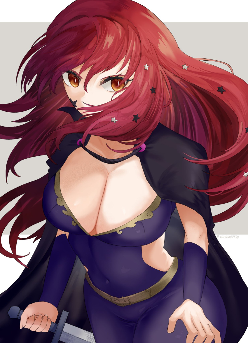 1girl 2sirokma0930 black_cape bodysuit breasts cape choker cleavage clothing_cutout covered_navel facial_mark fire_emblem fire_emblem_engage floating_hair gold_belt hair_ornament highres large_breasts long_hair looking_at_viewer purple_bodysuit red_eyes red_hair simple_background solo star_(symbol) star_facial_mark star_hair_ornament yunaka_(fire_emblem)