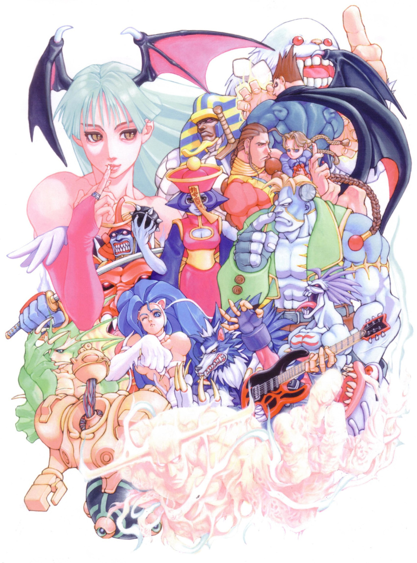 1990s_(style) 4girls 6+boys :&lt; abs absurdres age_difference ahoge alternate_hair_color anakaris animal_ears animal_hands anita_(vampire) armor aulbath bare_shoulders bat_wings bengus big_hair bishamon blue_fire blue_skin blunt_bangs bracelet braid breasts bridal_gauntlets brown_eyes brown_hair cape child chinese_clothes claws cleavage cleavage_cutout clothing_cutout colored_skin demitri_maximoff demon_girl donovan_baine egyptian electric_guitar everyone fangs felicia_(vampire) finger_to_mouth fingerless_gloves fingernails fins fire forehead_jewel full_armor gallon_(vampire) gloves glowing glowing_eyes guitar hat head_wings highres holding horns huge_ahoge instrument japanese_armor jewelry jiangshi katana large_breasts le_malta lei_lei licking licking_finger long_fingernails long_hair long_sleeves long_tongue mask medium_breasts merman monster_boy morrigan_aensland multiple_boys multiple_girls mummy muscular muscular_male neck_ring non-web_source ofuda one_eye_closed open_clothes open_mouth outstretched_arm paw_pose phobos_(vampire) pyron red_eyes retro_artstyle robot samurai sasquatch_(vampire) scan simple_background single_braid slit_pupils spiked_bracelet spiked_hair spikes sword teeth tongue tongue_out twin_braids vampire_(game) very_long_hair victor_von_gerdenheim weapon werewolf white_background wide_sleeves wince wings yeti_(creature) zabel_zarock zombie