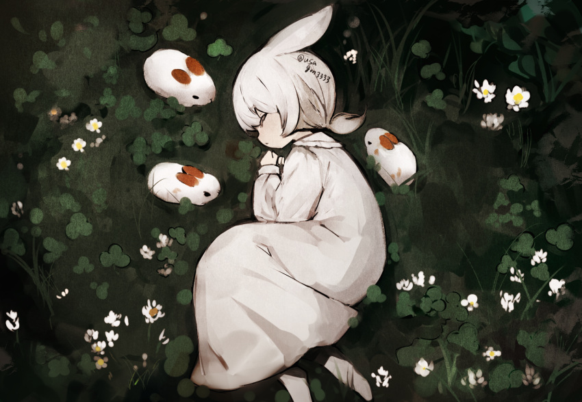 1girl animal_ears barefoot clenched_hands closed_eyes clover commentary dress field flower hand_up highres long_sleeves lying on_side original rabbit rabbit_ears shirokujira short_hair short_ponytail signature white_dress white_flower white_hair