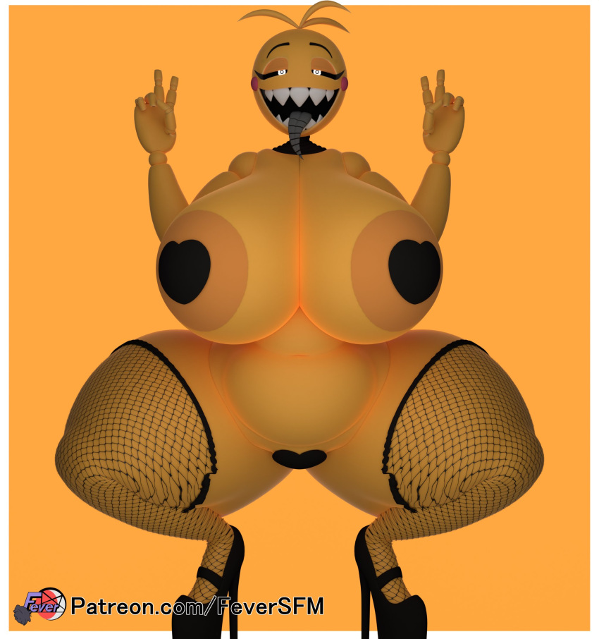 2024 3d_(artwork) animatronic anthro avian big_breasts bird breasts chicken clothing crouching digital_media_(artwork) double_v_sign female feversfm fishnet fishnet_legwear five_nights_at_freddy's five_nights_at_freddy's_2 footwear galliform gallus_(genus) gesture heart_pasties hi_res high_heels huge_breasts legwear looking_at_viewer machine metal_tongue open_mouth pasties phasianid robot scottgames sharp_teeth solo teeth text thick_thighs tongue tongue_out toy_chica_(fnaf) url v_sign yellow_body