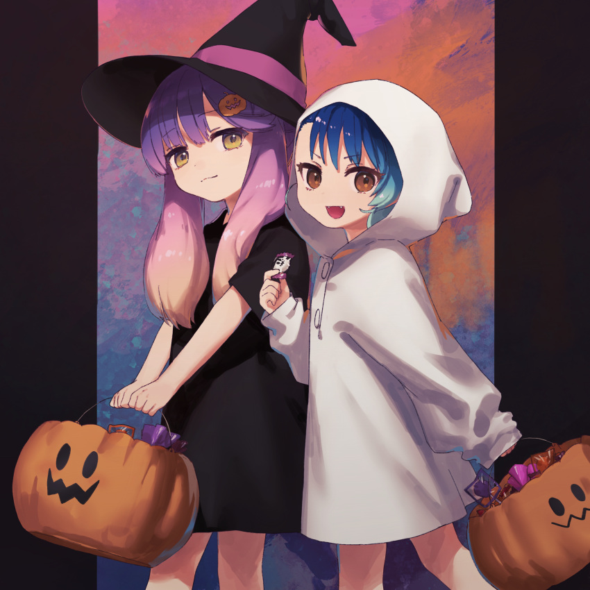 2girls blonde_hair blue_hair candy food fukae_(kancolle) ghost_costume gradient_hair gudrn hair_ornament halloween halloween_bucket hat highres kantai_collection looking_at_viewer multicolored_hair multiple_girls open_mouth purple_hair tsushima_(kancolle) witch_hat yellow_eyes