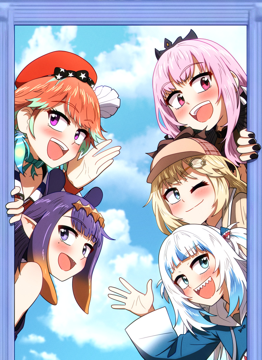 5girls absurdres aqua_choker black_dress black_nails blonde_hair blue_eyes blue_hair blue_hoodie blue_sky blunt_bangs brown_headwear choker closed_mouth cloud ddolbang deerstalker dress earrings feather_earrings feathers gawr_gura gawr_gura_(1st_costume) hair_ornament hat highres hololive hololive_english holomyth hood hoodie jewelry long_hair looking_at_viewer medium_hair mole mole_under_eye mori_calliope mori_calliope_(1st_costume) multicolored_hair multiple_girls ninomae_ina'nis ninomae_ina'nis_(1st_costume) open_mouth orange_hair orange_headwear orange_shirt pink_hair pointy_ears purple_eyes red_eyes ribbon_choker shark_hair_ornament shirt sidelocks sky streaked_hair takanashi_kiara takanashi_kiara_(1st_costume) two_side_up virtual_youtuber watson_amelia watson_amelia_(1st_costume) white_hair