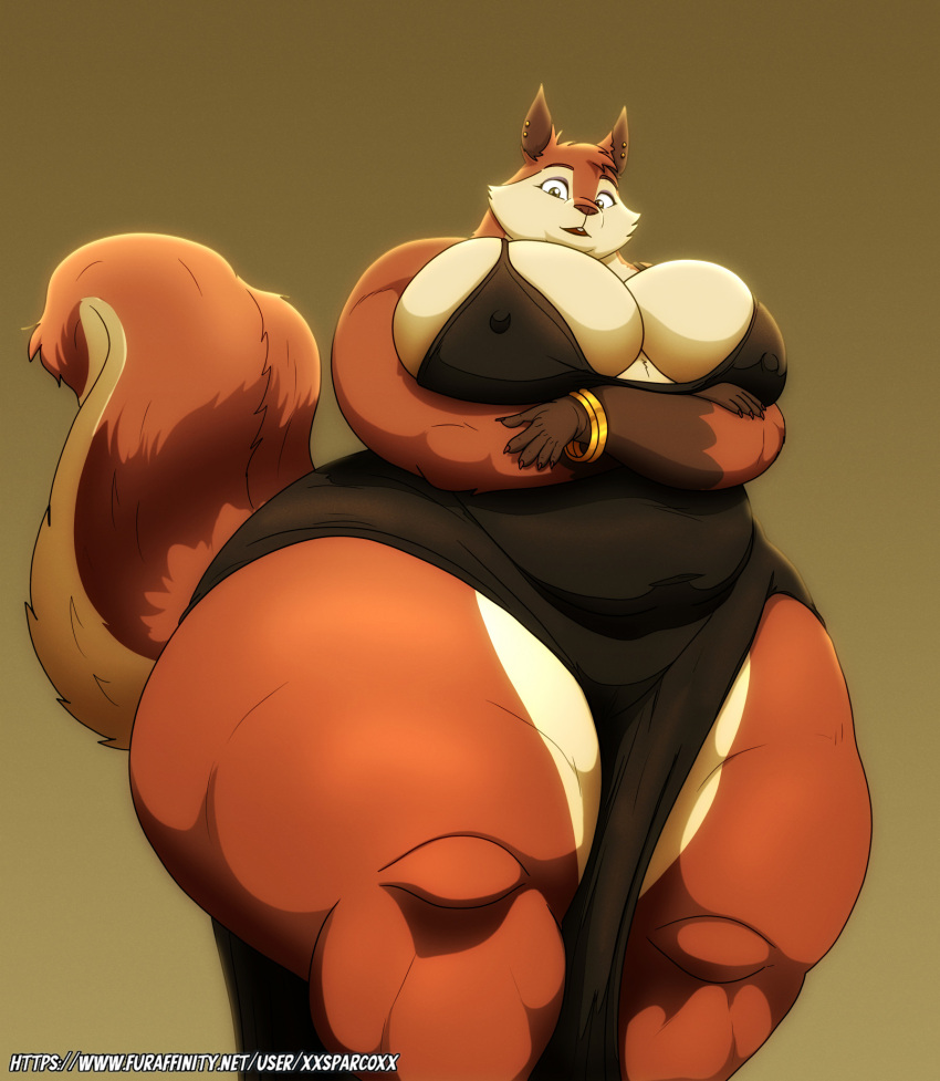2023 anthro arm_under_breasts belly big_breasts bracelet breasts buckteeth clothed clothing dress ear_piercing ear_ring ellie_(xxsparcoxx) female fur hi_res huge_breasts huge_thighs jewelry mammal multicolored_body multicolored_fur nipple_outline obese obese_anthro obese_female open_mouth overweight overweight_anthro overweight_female piercing ring_piercing rodent sciurid solo teeth thick_thighs tree_squirrel two_tone_body two_tone_fur xxsparcoxx