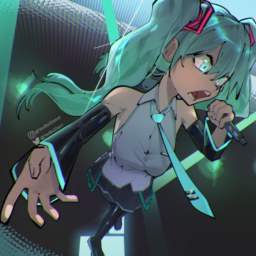 1girl aqua_necktie black_footwear black_skirt black_sleeves boots breasts commentary detached_sleeves english_commentary from_above green_eyes green_hair grey_shirt hair_ornament hatsune_miku highres holding holding_microphone long_hair medium_breasts microphone music necktie neon_trim open_mouth shirt singing skirt sleeveless sleeveless_shirt solo teeth thigh_boots twintails very_long_hair vocaloid walking yerboidan1