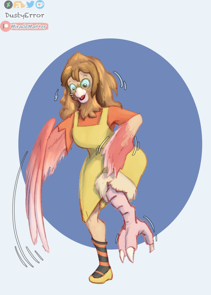 absurd_res avian beak bird clothing dress dustyerror european_mythology eyewear feet female generation_1_pokemon glasses greek_mythology harpy hi_res mythological_avian mythology nintendo pokemon pokemon_(species) spearow talons toes trans_(lore) trans_woman_(lore) transformation