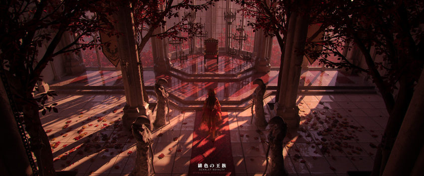 1girl 3d blender_(medium) column commentary english_commentary english_text evening full_body highres indoors leaf mixed-language_text original pillar scenery selescha.arts solo statue throne throne_room tile_floor tiles walking wide_shot window