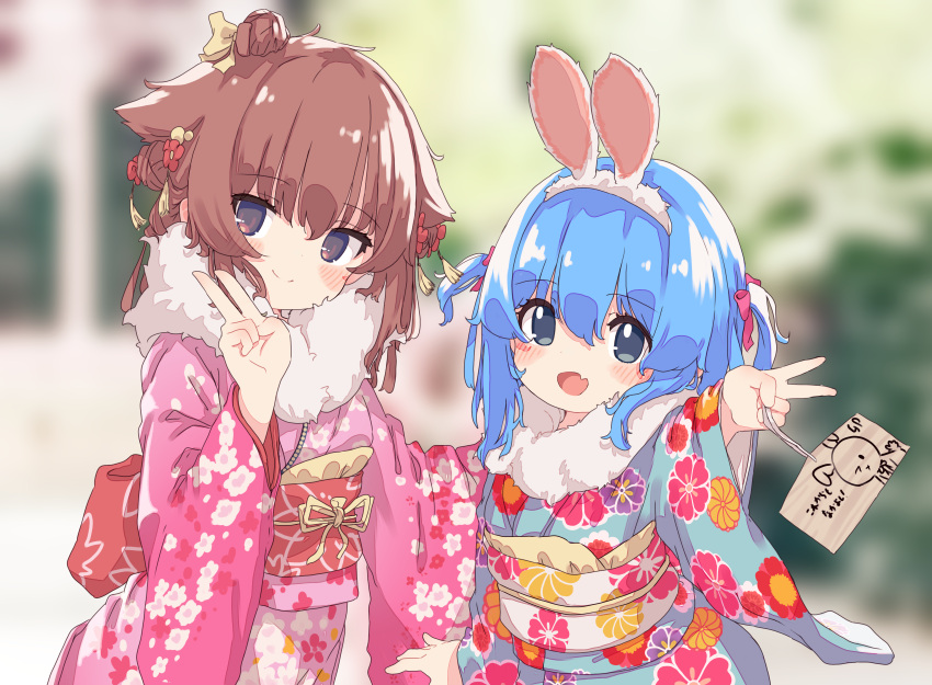 2girls :d absurdres animal_ears aoi_tori bangs blue_eyes blue_hair blue_kimono blurry blurry_background blush bow brown_hair chinese_zodiac closed_mouth commentary_request depth_of_field ema fang floral_print flower fur_collar hair_between_eyes hair_bow hair_bun hair_flower hair_ornament hairband highres japanese_clothes kimono long_hair long_sleeves looking_at_viewer multiple_girls obi original pink_bow pink_kimono print_kimono rabbit_ears red_flower sash smile translation_request triple_bun two_side_up white_hairband wide_sleeves year_of_the_rabbit