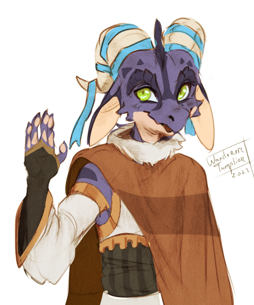 2022 absurd_res anthro cloak clothed clothing digital_media_(artwork) female green_eyes hi_res horn kobold looking_at_viewer open_mouth purple_body solo toony wanderertamplior