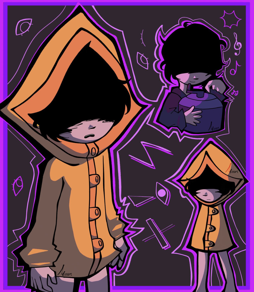 black_hair black_shirt border disembodied_eye grey_background highres little_nightmares m4carunes medjed_(mythology) musical_note no_pants open_mouth purple_border raincoat shaded_face shirt six_(little_nightmares) treble_clef