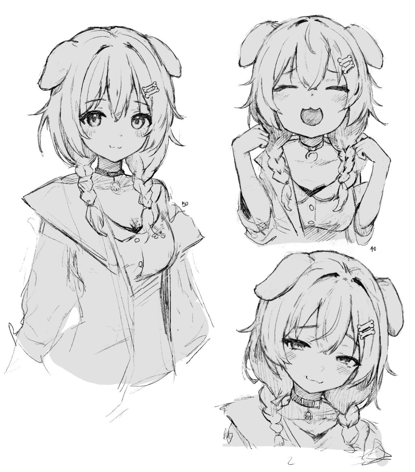 1girl animal_ears blush bone_hair_ornament braid breasts closed_mouth dog_ears dress facing_viewer greyscale hair_ornament hands_up highres hololive inugami_korone jacket looking_at_viewer medium_breasts monochrome open_clothes open_jacket open_mouth ruka_tou simple_background sketch smile smug twin_braids virtual_youtuber white_background