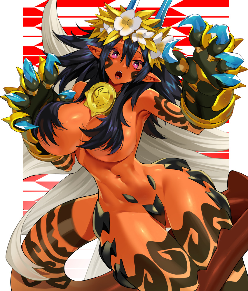 1girl armored_gloves ass_visible_through_thighs black_hair body_markings breasts bright_pupils claw_pose claws colored_skin commentary_request dragon_girl dragon_horns dragon_tail eiyuu_senki eiyuu_senki_ww facial_mark flower hair_flower hair_ornament hair_over_breasts highres horns kirinoe_(eiyuu_senki) large_breasts long_hair looking_at_viewer medallion miyamae_(miyazen9311) multicolored_hair navel open_mouth pink_eyes pointy_ears red_skin sharp_teeth solo tail teeth thigh_gap very_long_hair white_hair white_pupils