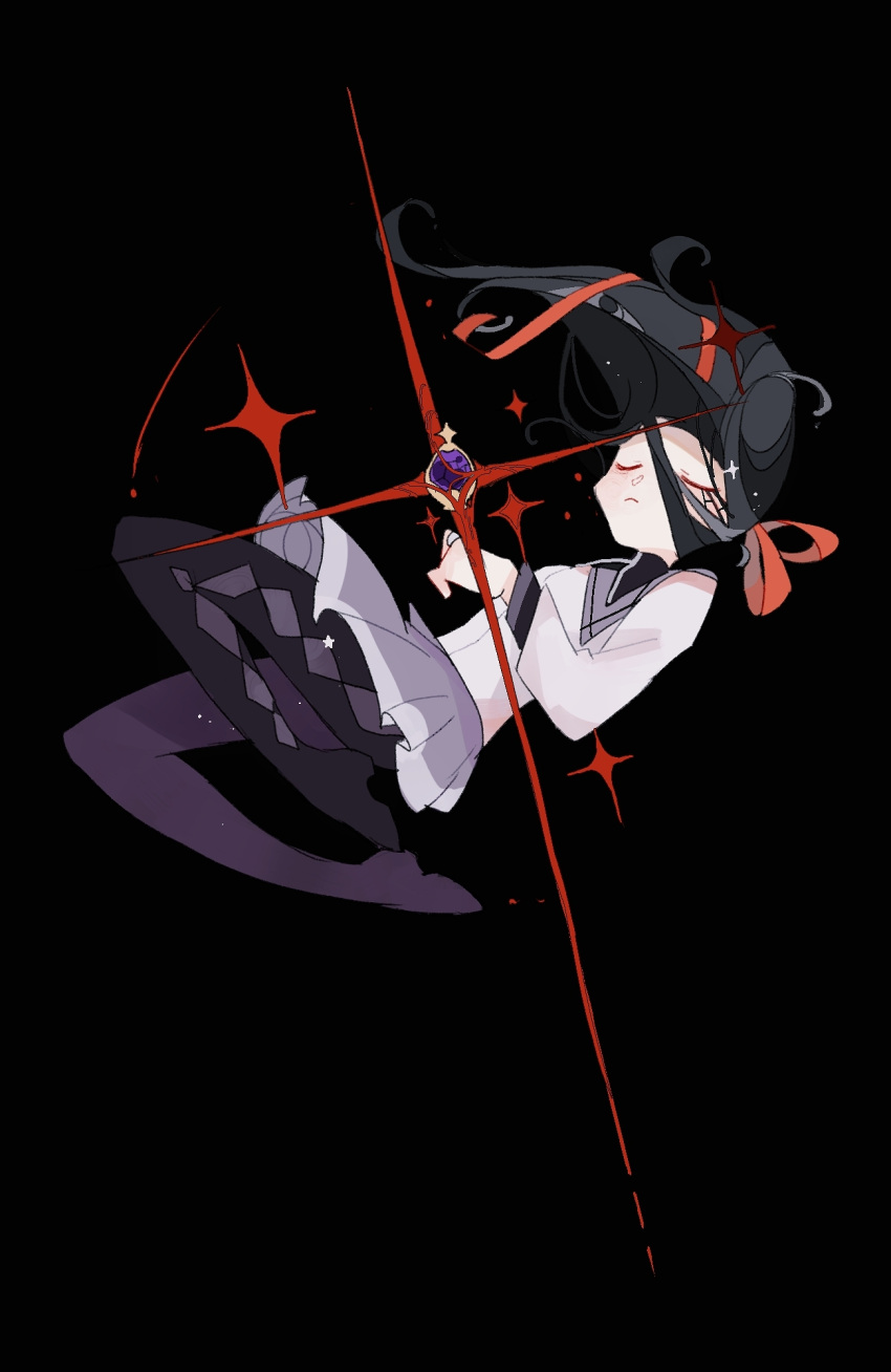 1girl akemi_homura argyle argyle_legwear black_background black_hair boots capelet chinese_commentary closed_eyes expressionless facial_mark floating floating_hair from_side full_body hair_ribbon highres jacket knees_up long_sleeves mahou_shoujo_madoka_magica mahou_shoujo_madoka_magica_(anime) purple_capelet purple_footwear purple_skirt red_ribbon ribbon richanggangaozi simple_background skirt solo soul_gem sparkle thigh_boots white_jacket