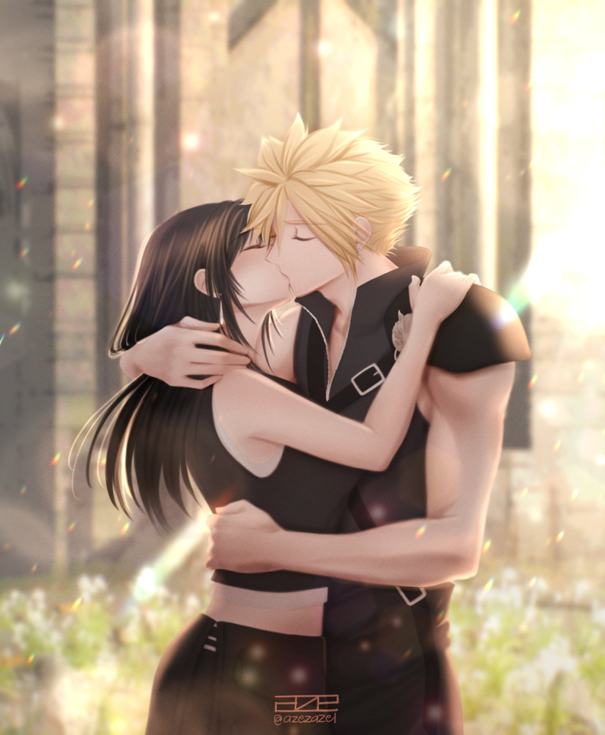 1boy 1girl absurdres apron azezazel bare_arms bare_shoulders black_apron black_hair black_shorts black_vest blonde_hair blurry blurry_background breasts church closed_eyes cloud_strife couple crop_top earrings field final_fantasy final_fantasy_vii final_fantasy_vii_advent_children flower flower_field hand_on_another's_shoulder hetero highres hug indoors jewelry kiss large_breasts light_blush light_particles light_rays long_hair midriff popped_collar profile shirt short_hair shorts single_bare_shoulder single_shoulder_pad sleeveless sleeveless_shirt spiked_hair stud_earrings tank_top tifa_lockhart twitter_username upper_body vest waist_apron white_tank_top zipper