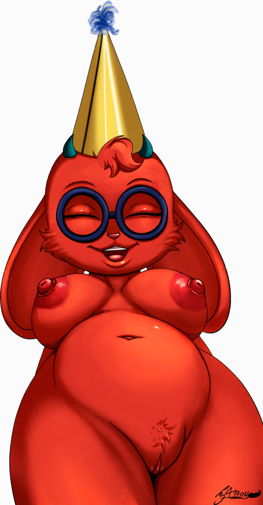 anthro breasts chubby_female eyes_closed eyewear female g4rron genitals glasses hi_res horn lagomorph leporid mammal moji_(paladins) nipples open_mouth paladins pubes pussy rabbit red_body slightly_chubby smile solo