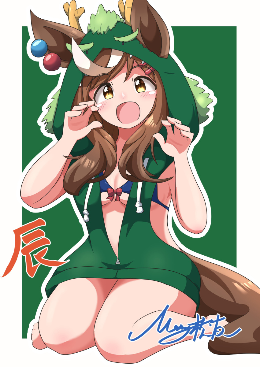 1girl absurdres alternate_costume animal_ears animal_hood bare_legs blush bra breasts brown_eyes brown_hair green_background hair_ornament hairclip highres hood horse_ears horse_girl horse_tail looking_at_viewer matikane_tannhauser_(umamusume) matty_(matsutomo) medium_breasts solo tail umamusume underwear