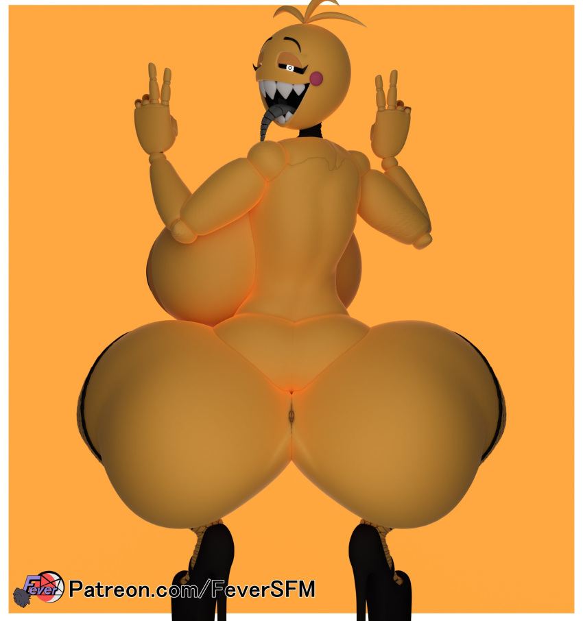2024 3d_(artwork) animatronic anthro anus avian big_breasts bird breasts butt chicken clothing crouching digital_media_(artwork) double_v_sign female feversfm five_nights_at_freddy's five_nights_at_freddy's_2 footwear galliform gallus_(genus) gesture hi_res high_heels huge_breasts looking_at_viewer looking_back looking_back_at_viewer machine metal_tongue open_mouth phasianid robot scottgames sharp_teeth solo teeth text thick_thighs tongue tongue_out toy_chica_(fnaf) url v_sign yellow_body