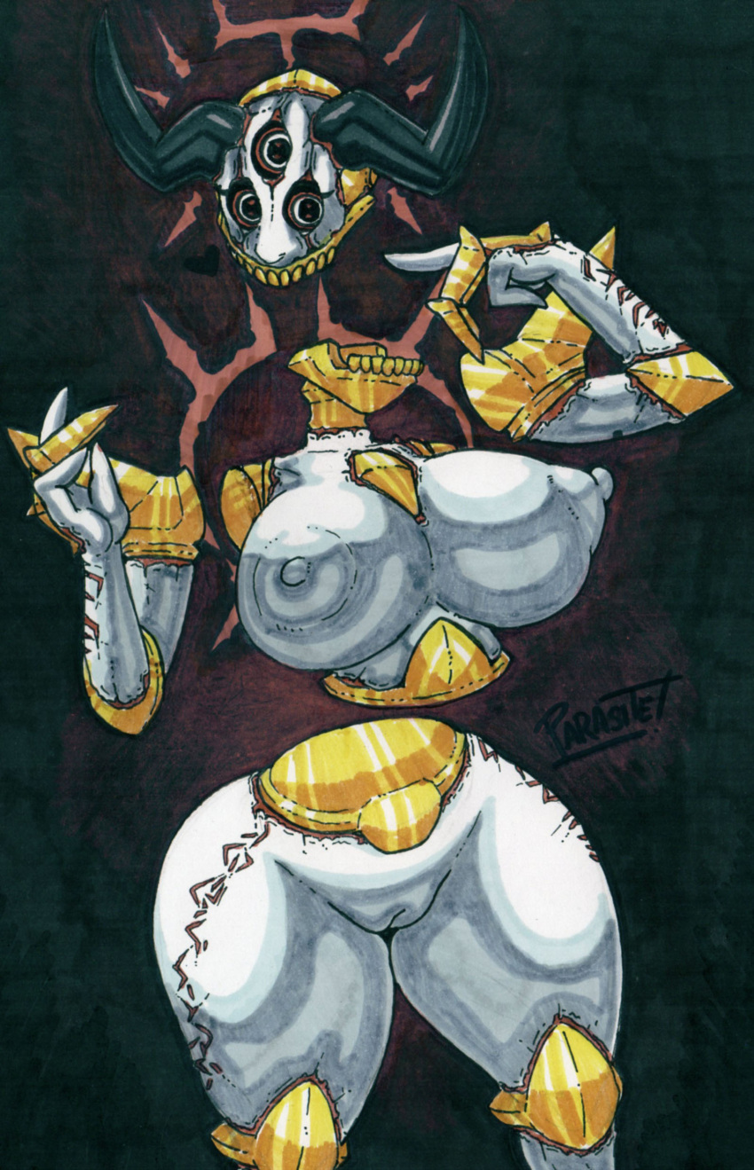 2024 2_horns 3_eyes 3_fingers absurd_res areola artist_name big_areola big_breasts breasts cosmic_horror curvy_figure disembodied_hand disembodied_head disembodied_torso female fingers genitals graphite_(artwork) hi_res horn horned_humanoid huge_areola huge_breasts huge_thighs humanoid looking_at_viewer marker_(artwork) markings mature_female mature_humanoid monster monstrous_humanoid multi_eye nightmare_fuel nipples nude parasitedeath pencil_(artwork) plump_labia pussy signature simple_background solo thick_thighs traditional_media_(artwork) voluptuous white_body white_skin wide_hips
