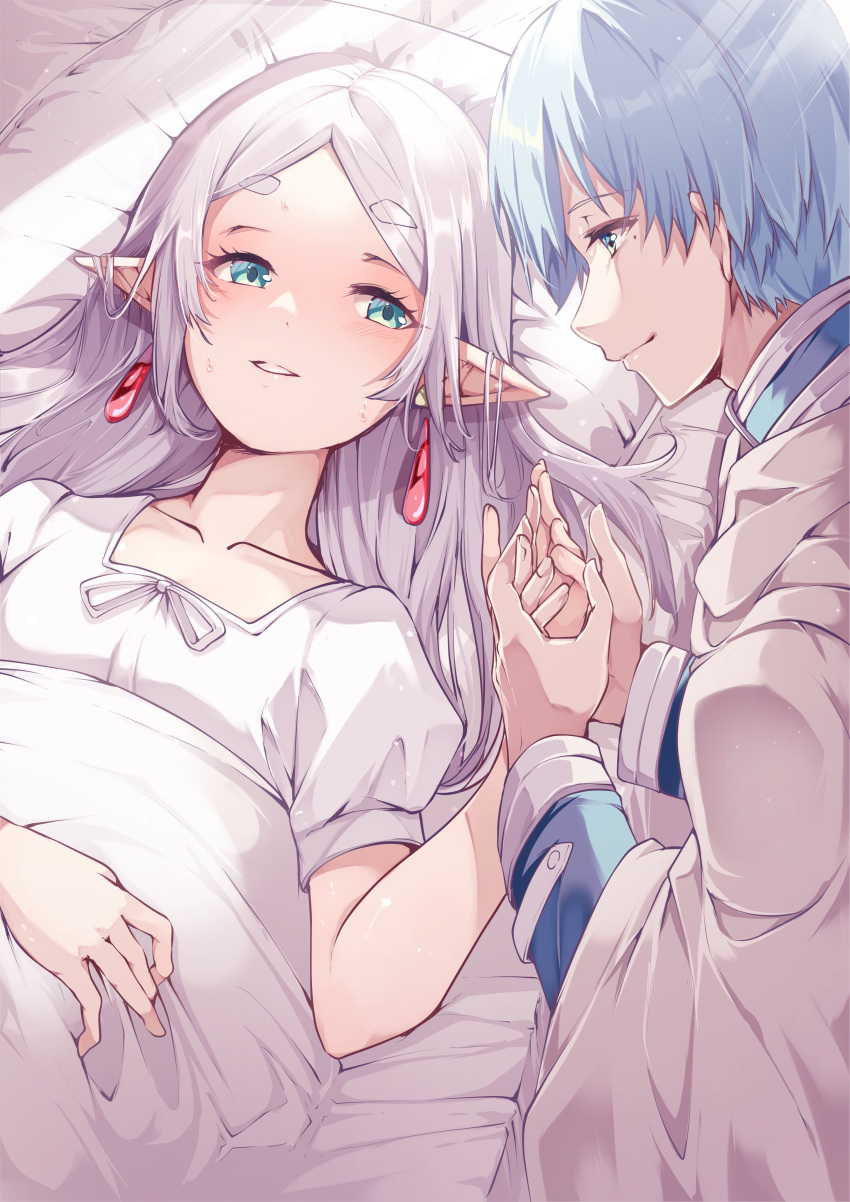 1boy 1girl absurdres bed bed_sheet blue_hair blue_shirt cloak earrings elf frieren green_eyes hand_grab highres himmel_(sousou_no_frieren) holding_hands jewelry long_hair looking_at_another lying mole mole_under_eye on_back pillow pointy_ears risumi_(taka-fallcherryblossom) shirt short_hair short_sleeves sousou_no_frieren under_covers white_cloak white_hair white_shirt