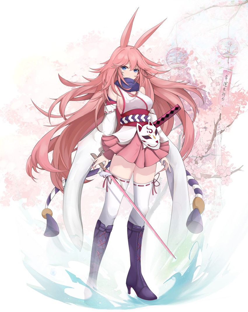 1girl absurdres animal_ears bare_shoulders blue_eyes boots branch breasts cherry_blossoms closed_mouth detached_sleeves fox_ears fox_mask full_body high_heel_boots high_heels highres holding holding_sword holding_weapon honkai_(series) honkai_impact_3rd japanese_clothes kaerbin katana kimono knee_boots long_hair looking_at_viewer mask miko nontraditional_miko obi pink_hair pink_skirt pleated_skirt purple_footwear ribbon-trimmed_sleeves ribbon-trimmed_thighhighs ribbon_trim sash sheath sheathed short_kimono skirt solo standing sword thighhighs weapon white_background white_kimono white_sleeves white_thighhighs yae_sakura yae_sakura_(gyakushinn_miko)