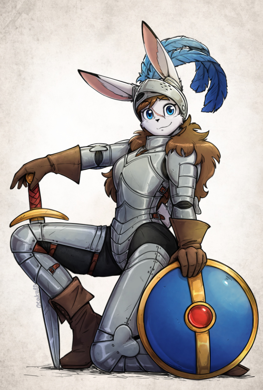 2023 5_fingers aleanora anthro armor armorbun blue_eyes boots brown_boots brown_clothing brown_footwear clothing digital_media_(artwork) female fingers footwear gloves handwear hi_res holding_object lagomorph leporid looking_at_viewer mammal melee_weapon otakuap plantigrade rabbit shield simple_background smile solo sword weapon white_background