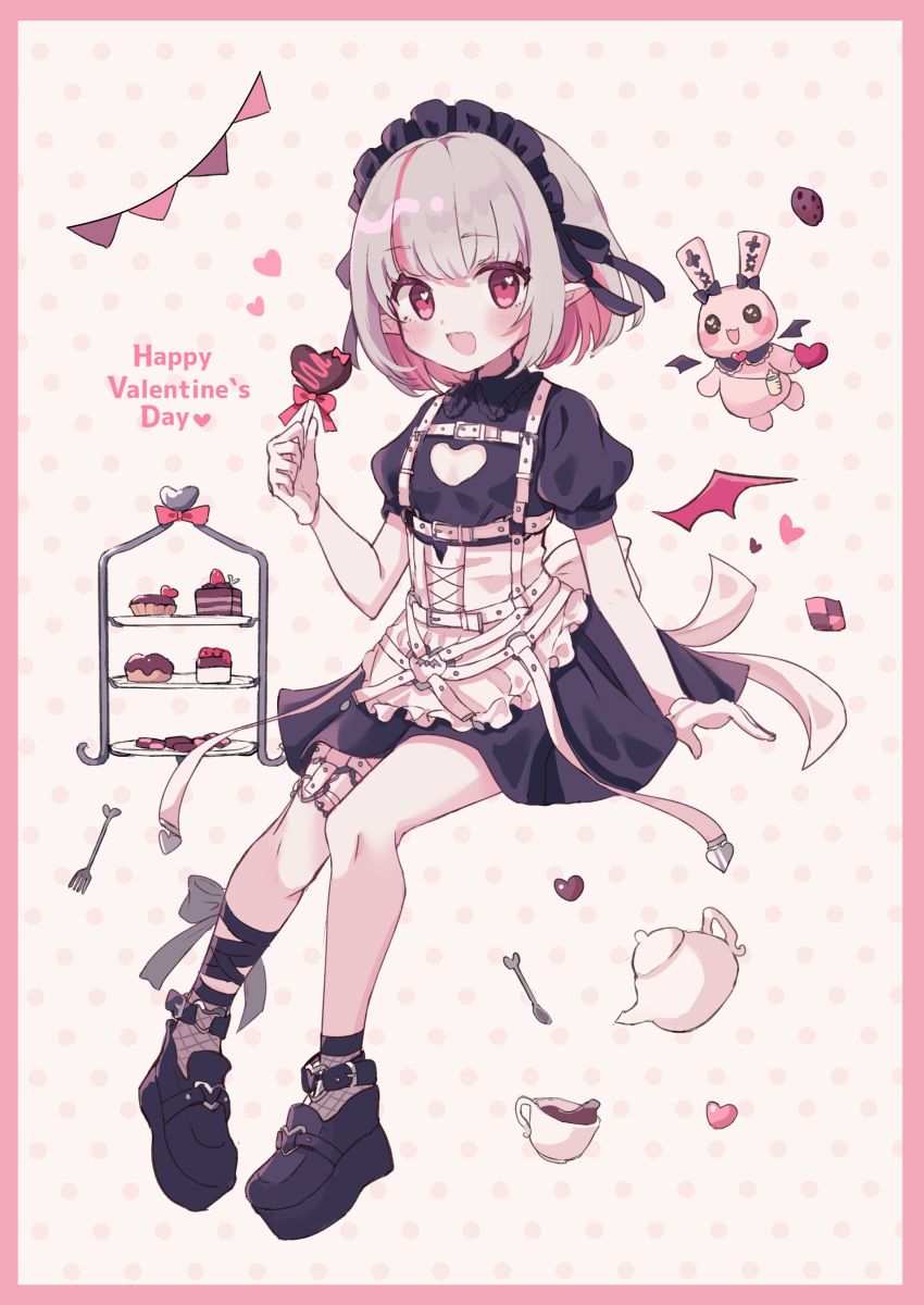 1girl absurdres apron black_dress black_footwear black_headdress black_ribbon blush boots border cake candy chest_harness chocolate clothing_cutout colored_inner_hair cup dotted_background dress fishnet_socks fishnets food fork full_body gloves grey_hair happy_valentine harness heart heart_cutout heart_in_eye highres holding holding_candy holding_food karunabaru leg_ribbon maid_headdress makaino_ririmu multicolored_hair nijisanji open_mouth pastry pink_border pink_hair platform_boots platform_footwear pointy_ears puffy_short_sleeves puffy_sleeves red_eyes red_wings ribbon short_hair short_sleeves smile socks solo streaked_hair stuffed_animal stuffed_bunny stuffed_toy symbol_in_eye teacup teapot thigh_strap two-tone_background two-tone_hair virtual_youtuber white_apron white_gloves wings