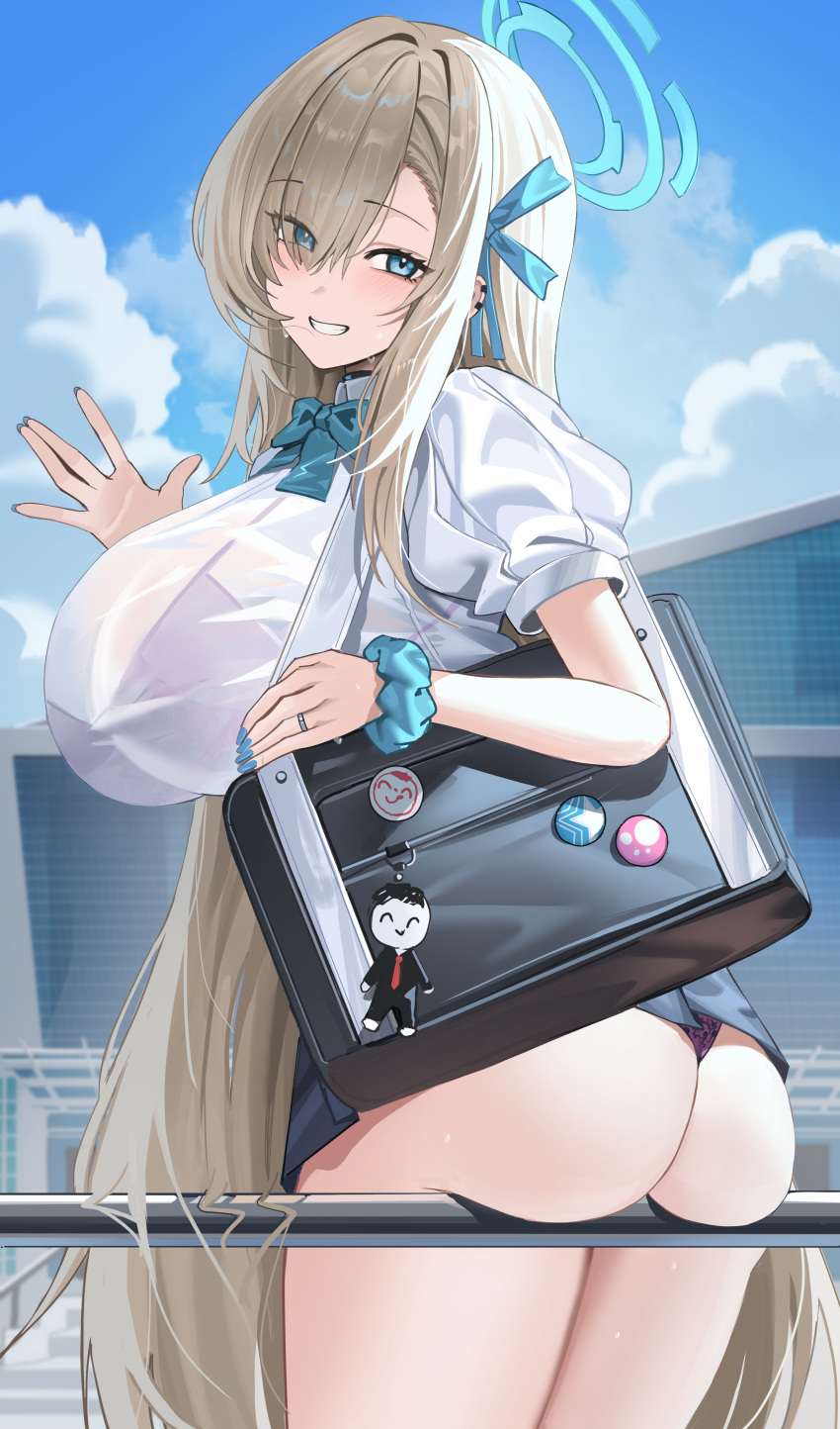 1girl absurdres alternate_breast_size aqua_scrunchie ass asuna_(blue_archive) bag black_bag black_skirt blonde_hair blue_archive blue_bow blue_bowtie blue_eyes blue_halo blue_nails blush bow bowtie breasts day eyes_visible_through_hair from_behind hair_over_one_eye halo highres jeze large_breasts looking_at_viewer looking_back nail_polish outdoors panties parted_lips purple_panties scrunchie see-through shirt short_sleeves shoulder_bag skirt smile solo teeth thighs underwear white_shirt wrist_scrunchie