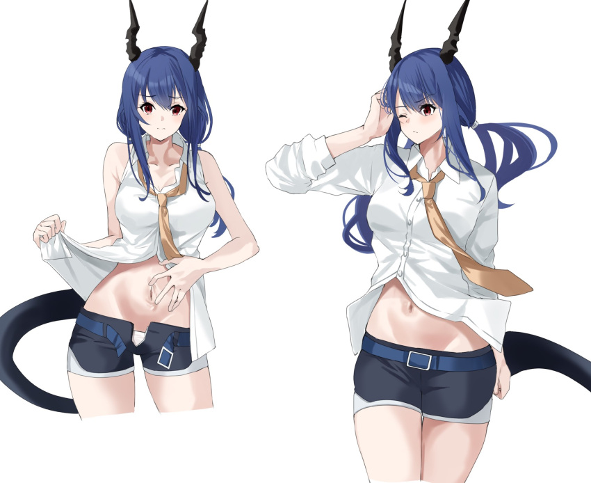1girl arknights black_shorts blue_hair ch'en_(arknights) closed_mouth collarbone collared_shirt dragon_girl dragon_horns dragon_tail highres horns lily0428 long_hair long_sleeves looking_at_viewer midriff navel necktie one_eye_closed open_fly panties partially_unbuttoned red_eyes shirt short_shorts shorts sleeveless sleeveless_shirt tail underwear white_panties white_shirt yellow_necktie
