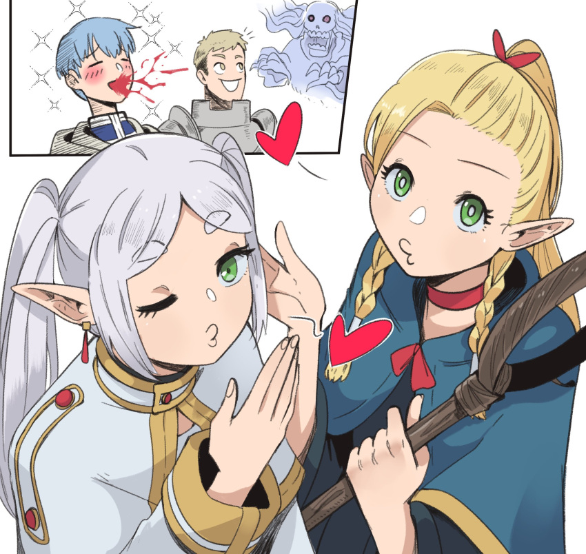 &lt;3 2024 air_kiss blonde_hair blood bodily_fluids crossover delicious_in_dungeon elf female frieren frieren_beyond_journey's_end green_eyes group hair hi_res himmel_(frieren) human humanoid humanoid_pointy_ears laios_touden male mammal marcille_donato not_furry one_eye_closed simple_background sparkles wanderjegson white_background white_hair wink