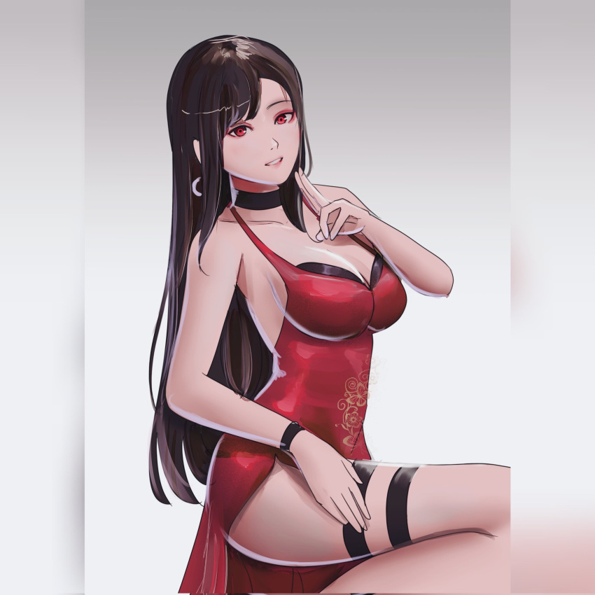 1girl alternate_costume black_hair breasts dress final_fantasy final_fantasy_vii finger_to_mouth highres kuji-in large_breasts long_hair notgustiarp parted_lips red_dress red_eyes solo straight_hair taut_clothes taut_dress thigh_strap thighs tifa_lockhart