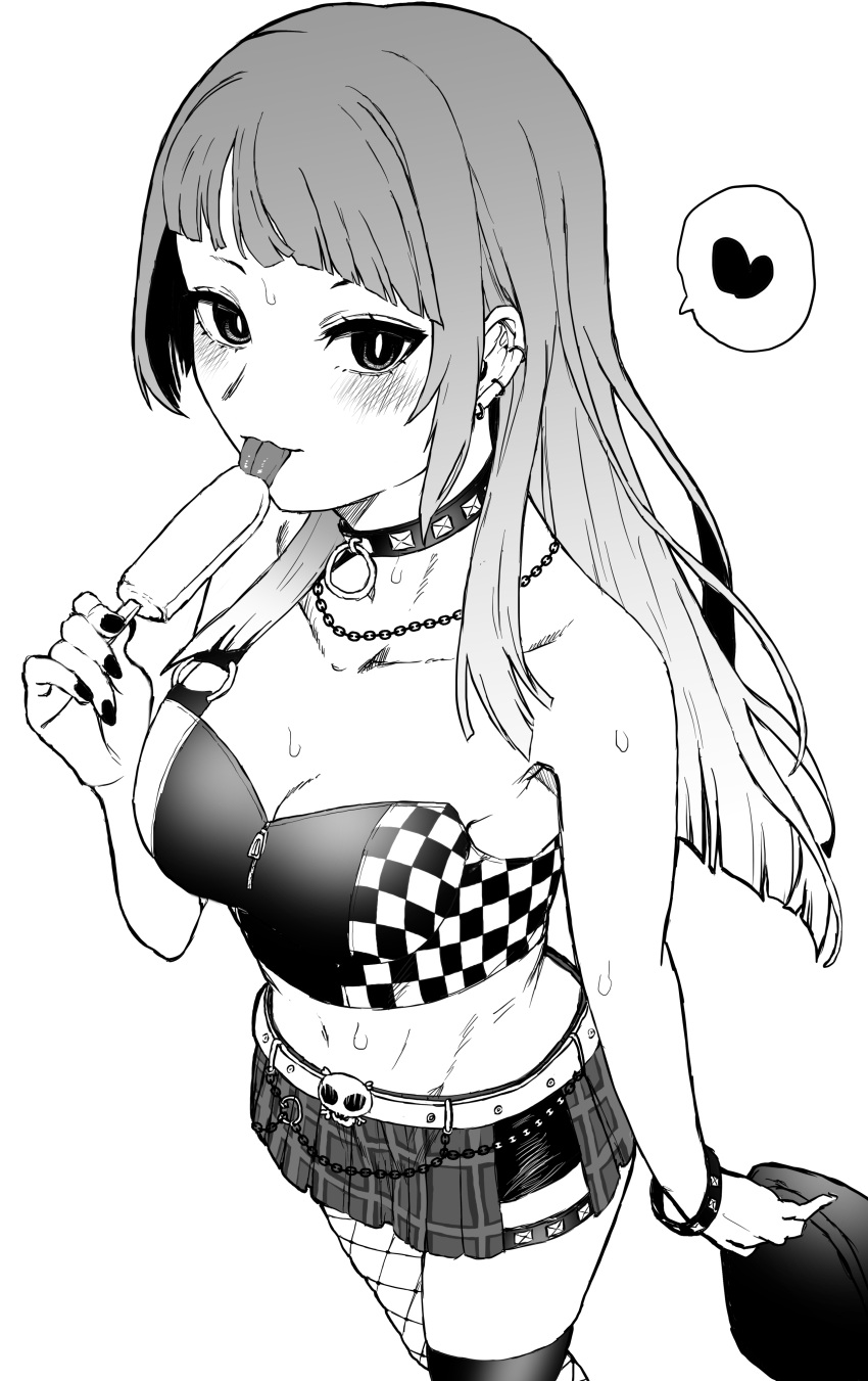 1girl absurdres asymmetrical_legwear belt black_nails blunt_bangs bracelet breasts chain chain_necklace checkered_clothes checkered_shirt choker cleavage collarbone crop_top ear_piercing fishnet_pantyhose fishnets food greyscale hat heart highres holding holding_clothes holding_food holding_hat idolmaster idolmaster_shiny_colors jewelry kakeru_(fujiwara_kakeru) licking long_hair looking_at_viewer medium_breasts midriff miniskirt monochrome nail_polish necklace pantyhose piercing plaid plaid_skirt popsicle shirt simple_background single_leg_pantyhose single_strap single_thighhigh skirt solo spoken_heart straight_hair studded_bracelet studded_choker tanaka_mamimi thighhighs white_background