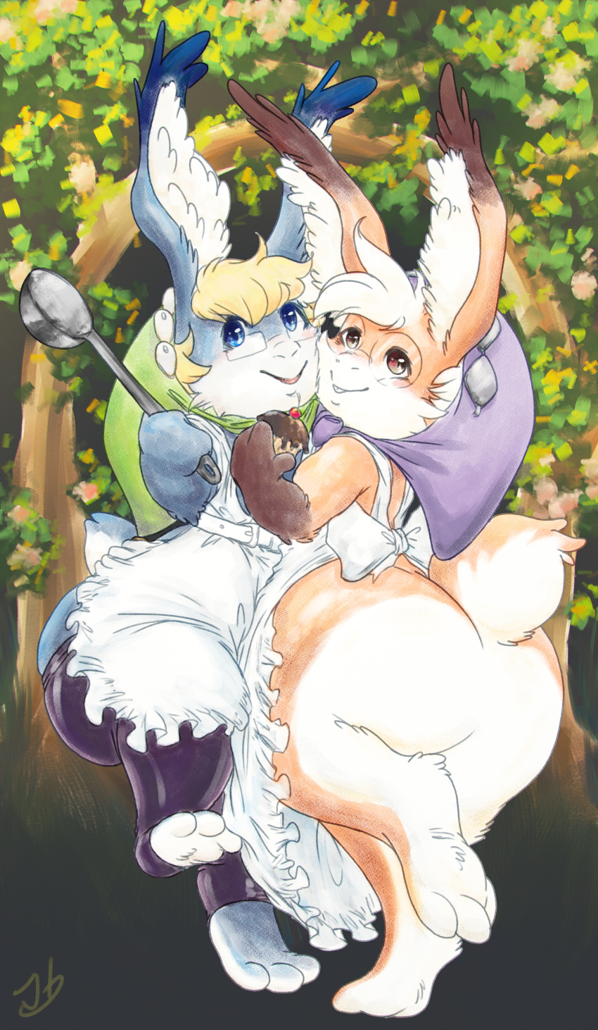 absurd_res anthro apron big_butt butt cherry clothing cupcake digital_media_(artwork) duo eyewear flotianchroma food fruit girly glasses hi_res hood huge_butt lagomorph leg_warmers legwear leporid male male/male mammal odin_sphere plant pooka rabbit scut_tail short_tail tail thick_thighs tree wide_hips