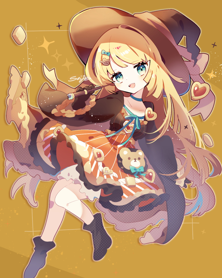 1girl black_footwear blonde_hair boots candy cookie dress food green_eyes green_ribbon hat highres original ribbon saijo1201 sweets witch witch_hat yellow_background