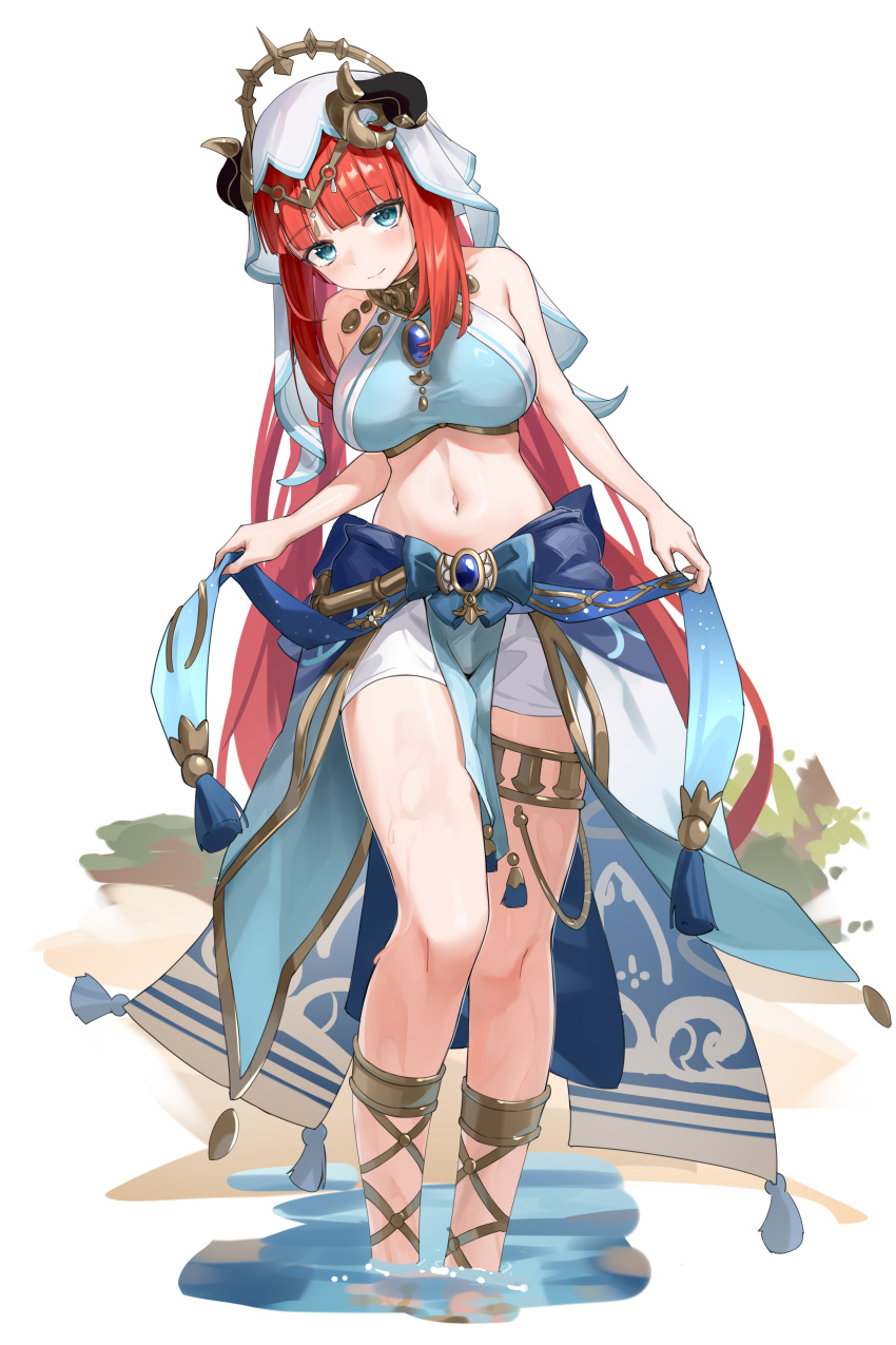 1girl absurdres bare_arms bare_shoulders blue_eyes blue_skirt breasts brooch commentary_request crop_top fake_horns freeeeeeeeeee genshin_impact highres horns jewelry large_breasts long_hair looking_at_viewer midriff navel neck_ring nilou_(genshin_impact) red_hair short_shorts shorts simple_background skirt sleeveless smile solo standing stomach thighlet thighs veil very_long_hair white_background white_shorts