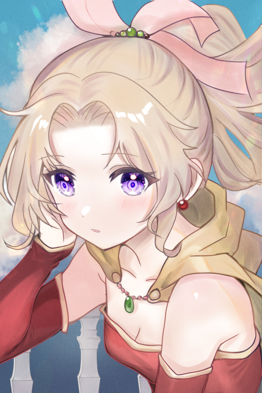 1girl absurdres bare_shoulders blonde_hair breasts cleavage detached_sleeves dress earrings final_fantasy final_fantasy_vi highres jewelry long_hair looking_at_viewer parted_lips ponytail purple_eyes red_dress small_breasts solo strapless strapless_dress terra_branford upper_body yua_666666