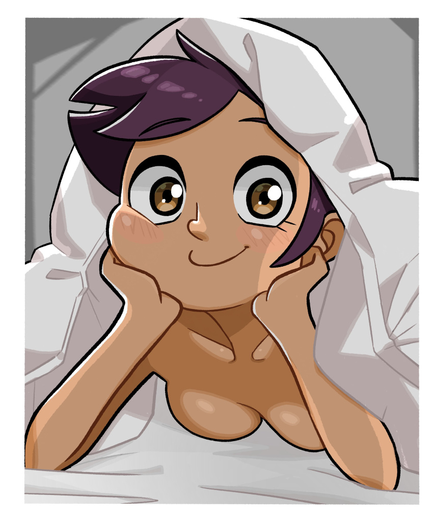 1girl absurdres bed_sheet blanket blush highres looking_at_viewer luz_noceda n_k_m nude purple_hair short_hair smile solo the_owl_house yellow_eyes
