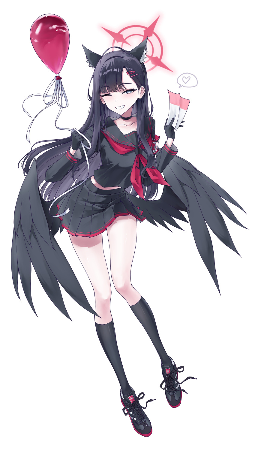 1girl absurdres balloon black_choker black_gloves black_hair black_sailor_collar black_shirt black_skirt black_wings blue_archive choker collarbone cropped_shirt feathered_wings full_body gloves grey_eyes hair_ornament hairclip halo heart highres holding holding_balloon holding_ticket ichika_(blue_archive) long_hair long_sleeves looking_at_viewer low_wings midriff miniskirt neckerchief one_eye_closed parted_bangs red_halo red_neckerchief sailor_collar shirt simple_background skirt smile solo spoken_heart standing visu_02 white_background wings