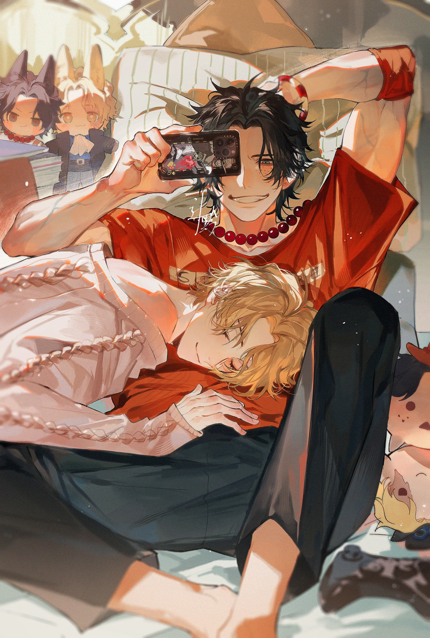 2boys absurdres bead_necklace beads bishounen black_hair blonde_hair blush brothers burn_scar camera closed_eyes freckles highres holding holding_camera jewelry leaning_on_person lying male_focus multiple_boys necklace one_piece portgas_d._ace sabo_(one_piece) scar scar_across_eye scar_on_face shirt siblings sleeping sleeping_on_person smile sqloveraven yaoi